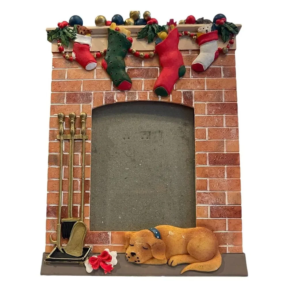Sleeping Dog In Front Of Fireplace Holiday Christmas Photo Frame